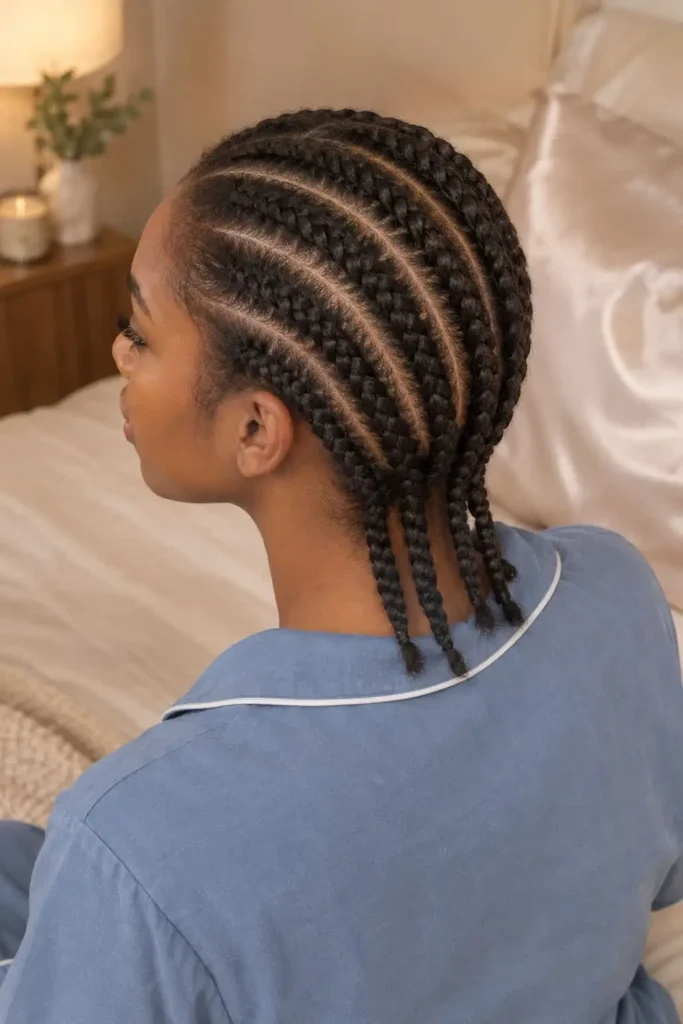 Straight-back cornrows keeping natural hair contained during sleep