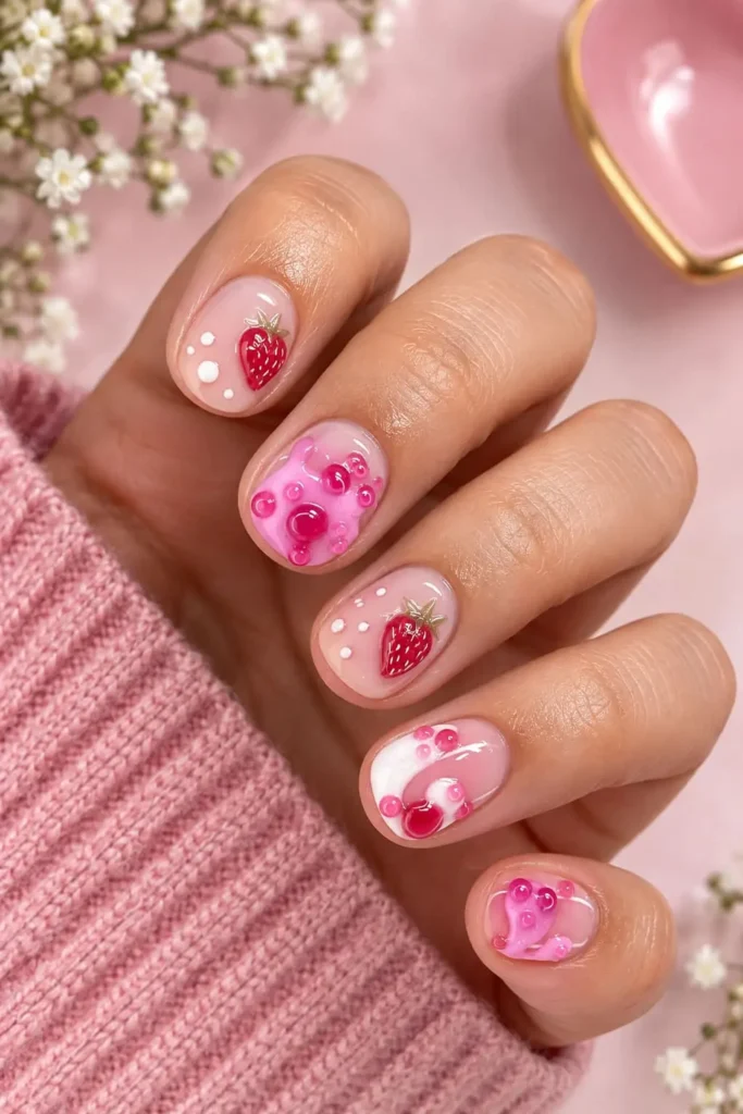 Cute short square nails with 3D strawberry details and glossy red accents