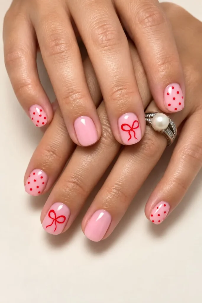Light pink nails with red bows and playful polka dot accents