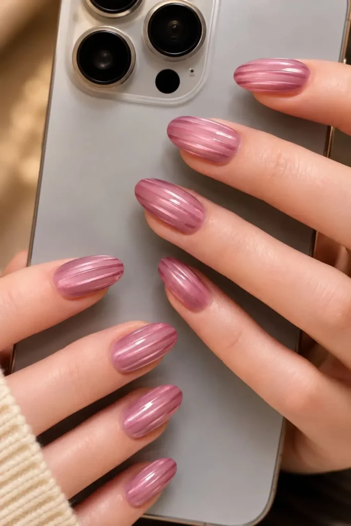 plum cat eye nails with vertical geometric stripe design
