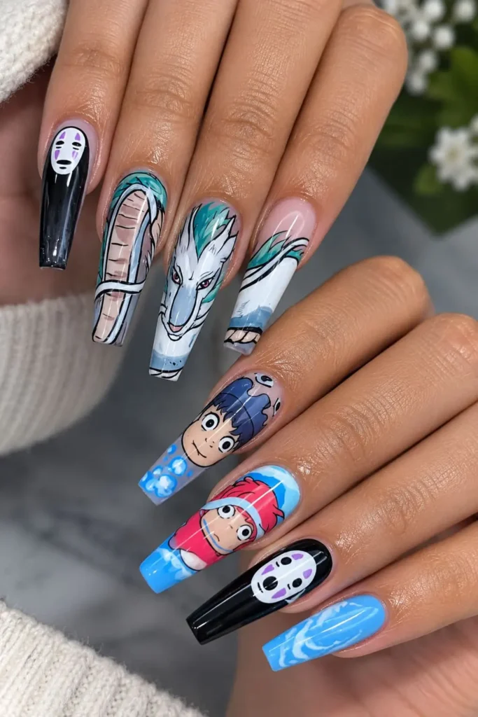 Studio Ghibli coffin nails featuring Ponyo, Haku and colorful hand-painted anime details
