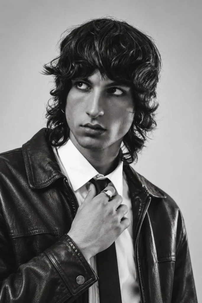 Stylish long mod haircut with thick waves and layered collar-length hair