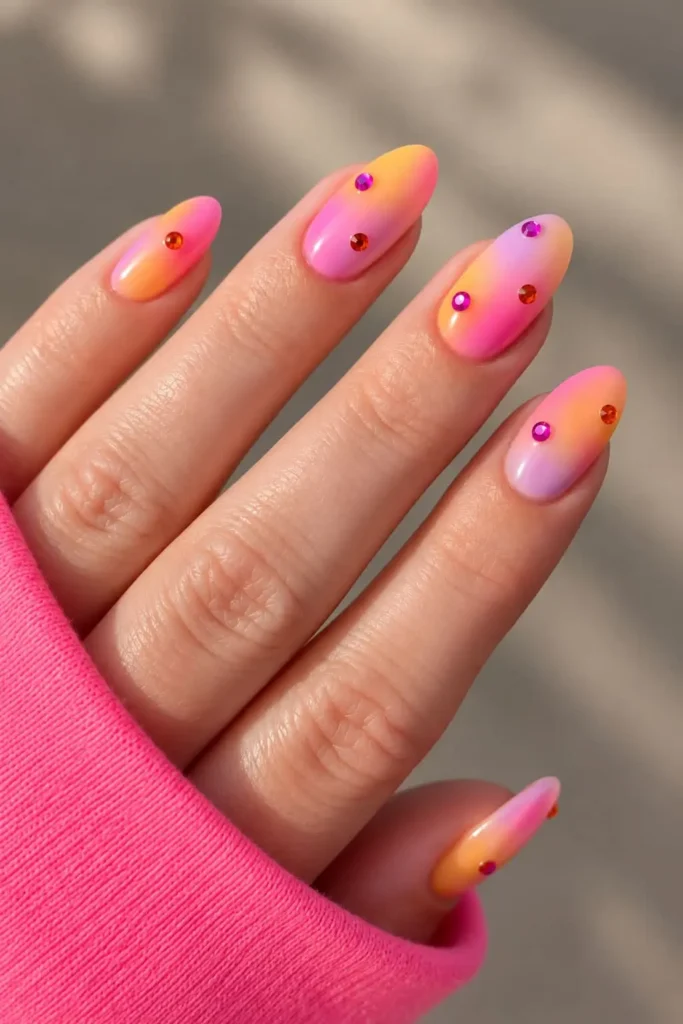 Sunset aura nails blending pink, orange and purple shades into a dreamy gradient