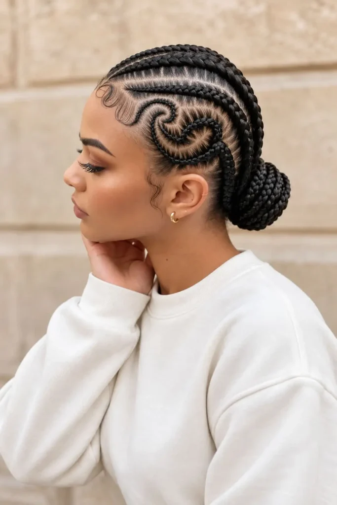 Creative swirl pattern cornrows leading into a polished low bun