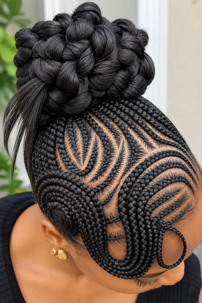 Braided bun with swirled cornrows and polished swooped edges