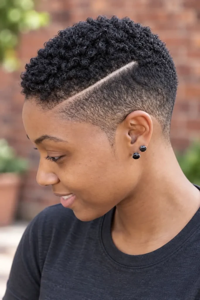 Tapered buzzed curls with a defined hard part for Black women