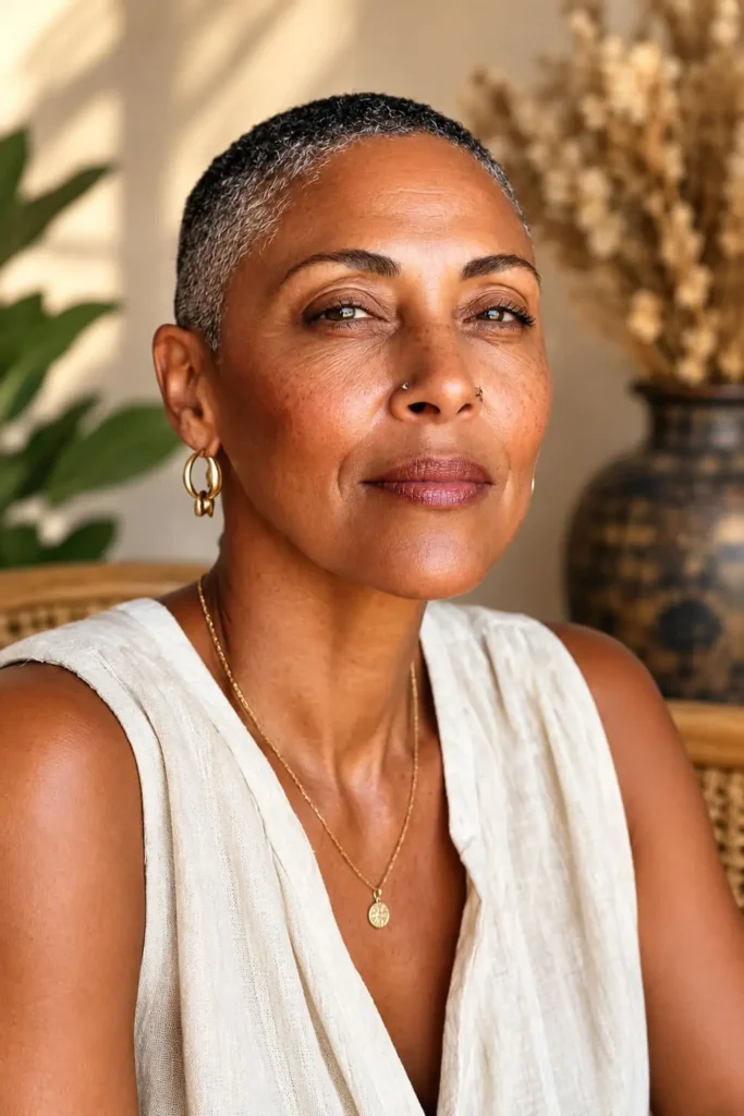 Short tapered natural haircut for Black women over 50