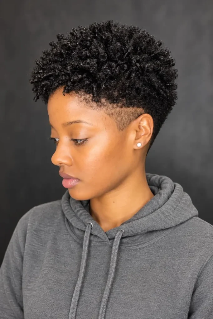 Tapered haircut with shaved sides and tight ringlets for Black women