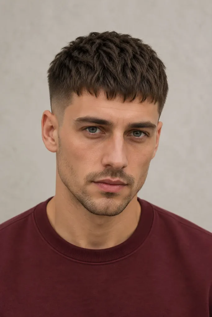 Man with a textured Caesar haircut and short forward fringe framing the forehead