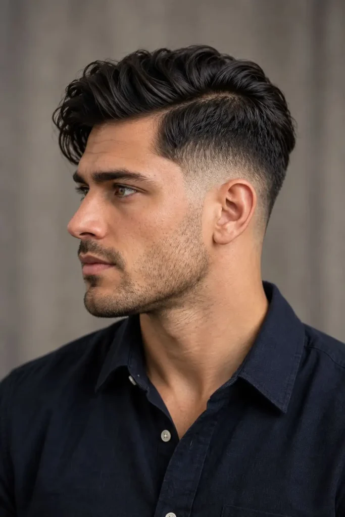 Textured comb over haircut for men with round faces and natural side-swept volume