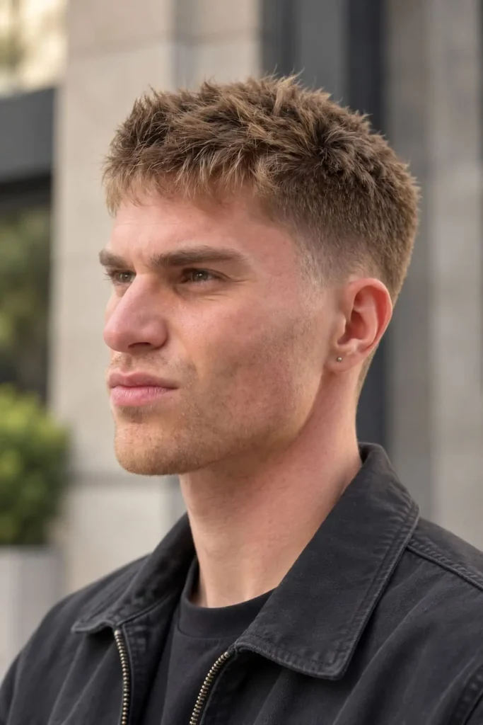 Textured crew cut with tapered sides for men with round faces