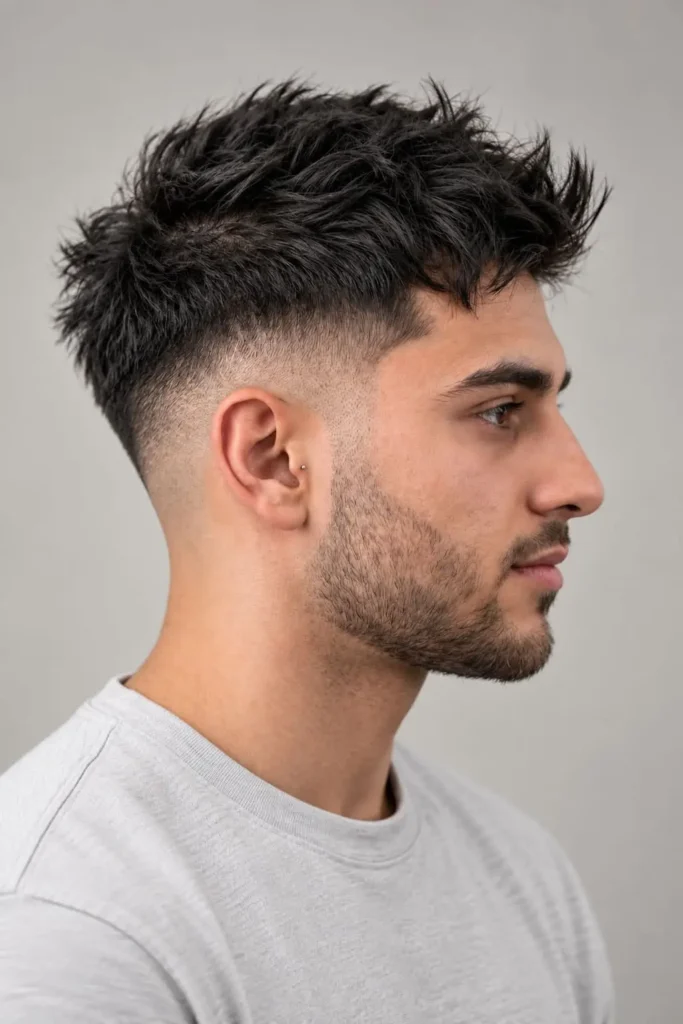 Textured crop with skin fade haircut for men with round faces