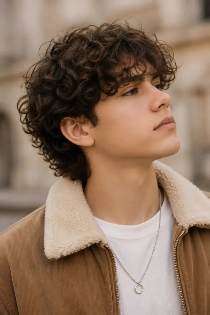 Textured fringe flow haircut for men with layered hair and forehead fringe