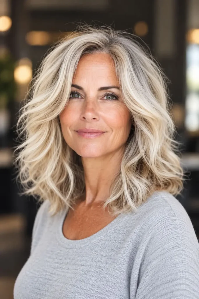 Textured lob haircut for women over 60 with fine hair