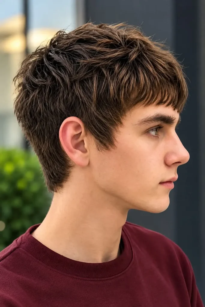 Textured mod haircut with choppy layers and soft fringe