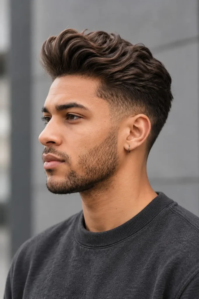 Textured quiff with high taper haircut for men with round faces