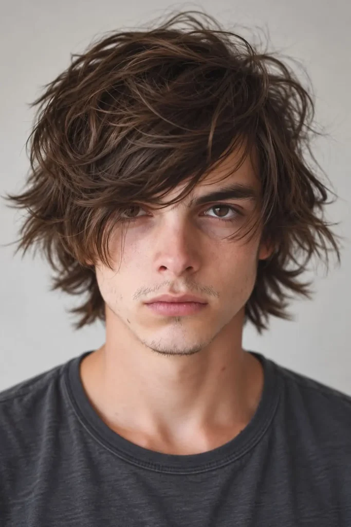 Textured shag with side-swept bangs for men with round faces