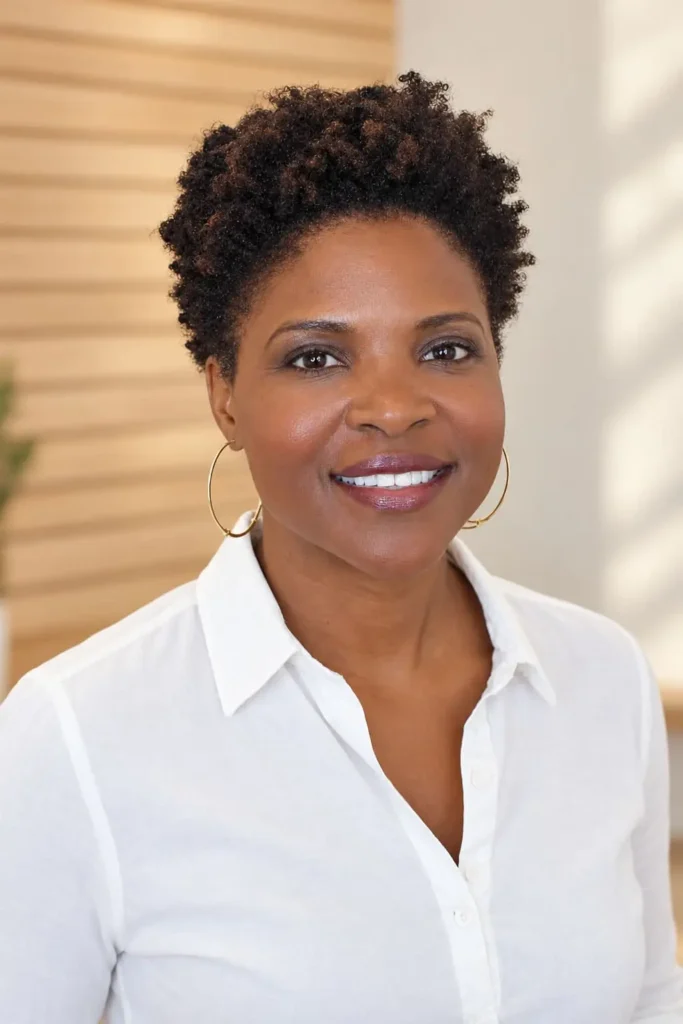Textured short curly hairstyle for Black women with natural hair