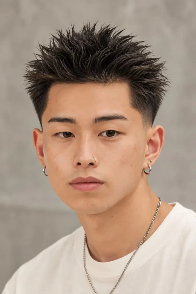Textured spiky fade haircut for men with round faces and short sides