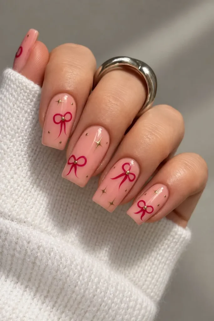 Tiny red bow nails with delicate star accents and subtle sparkle