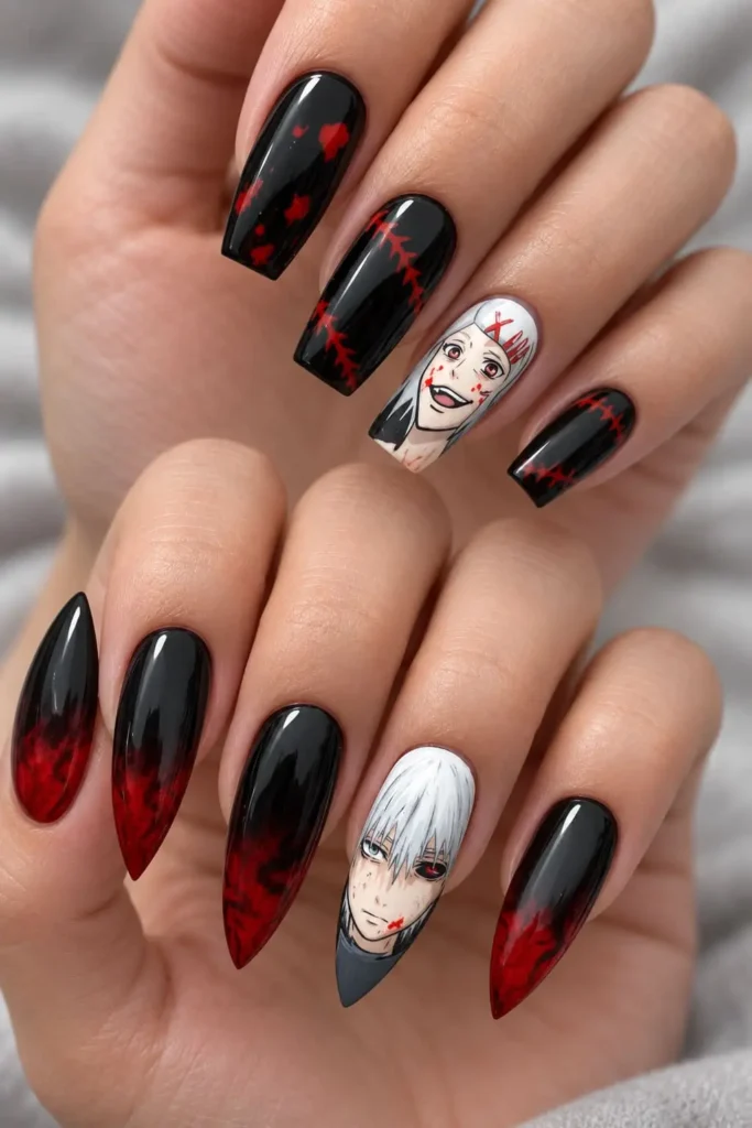 Tokyo Ghoul-inspired stiletto nails with cracked crimson polish and dark gothic details