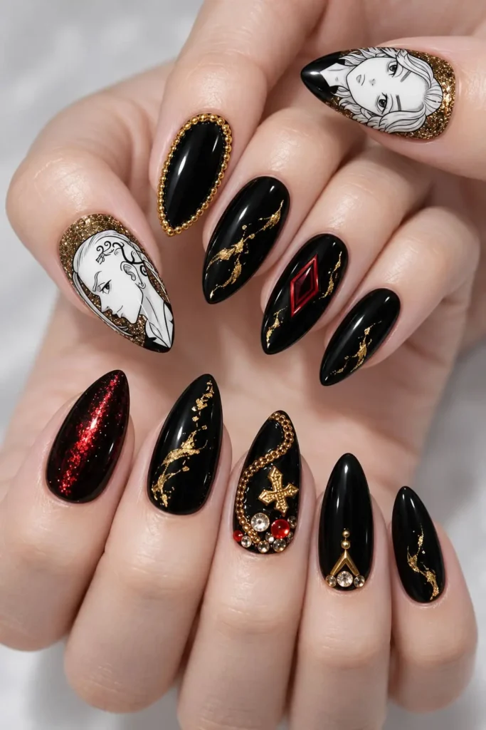 Tokyo Revengers almond nails with black glitter, gold and red character-inspired details