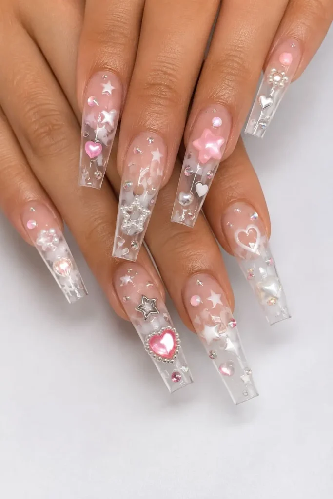 Translucent charm nails with clear tips, rhinestones, and layered accents