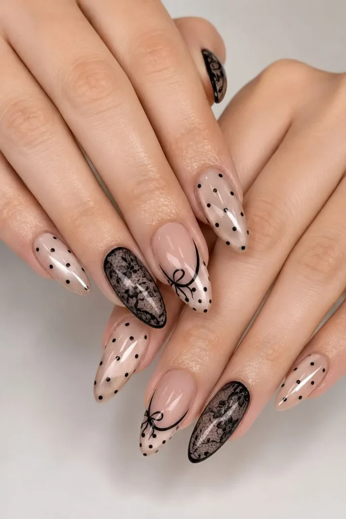 trendy cat eye nails with polka dots lace and black accents