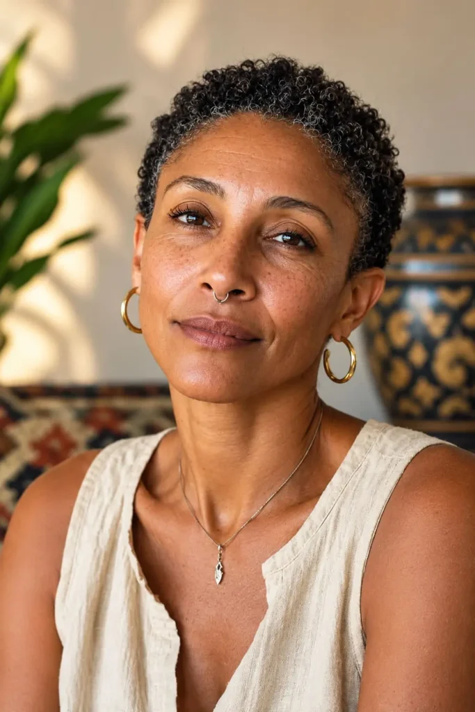 Defined twist-out curls on short natural hair for Black women over 50