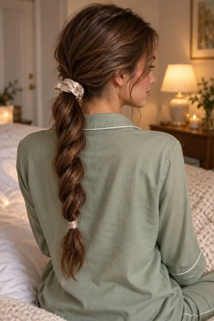 Loose twisted ponytail for preserving soft waves and curls while sleeping