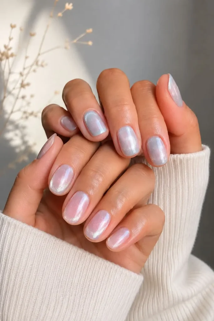 two-toned cat eye nails with pink gray shades and swirls