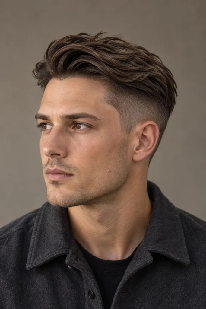 Man with a modern undercut featuring dense textured top hair and short faded sides