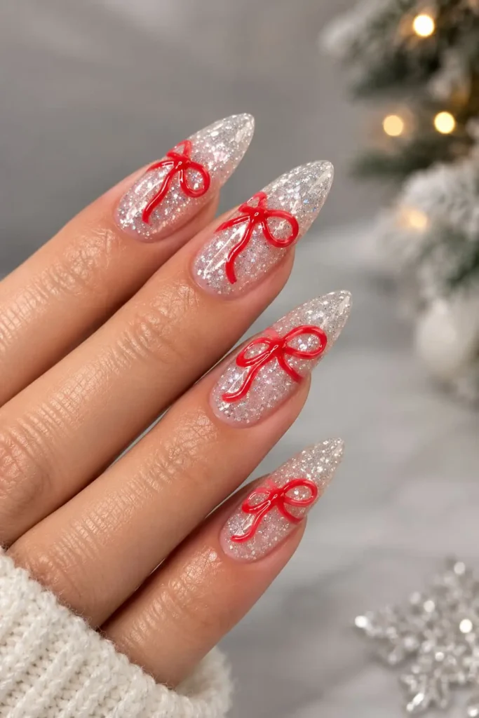 Matte velvet nails with silver cat-eye swirls and delicate bow accents