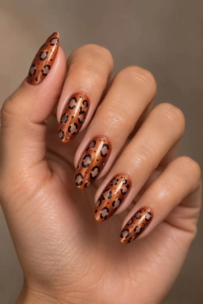 Velvet leopard print gel nails on a nude base with luxe texture