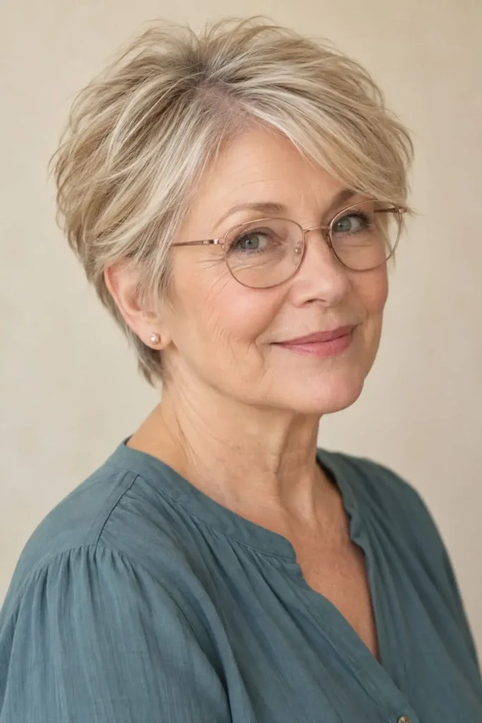 Voluminous pixie for thin hair with textured crown layers