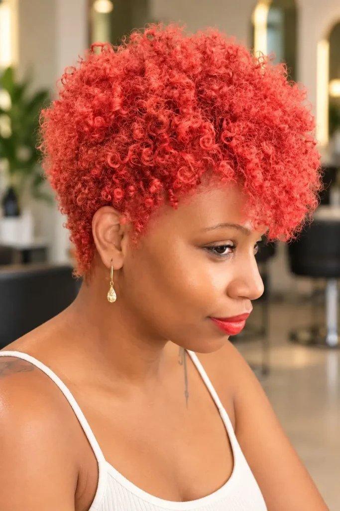 Voluminous tapered pixie haircut for Black women over 50 with natural curls