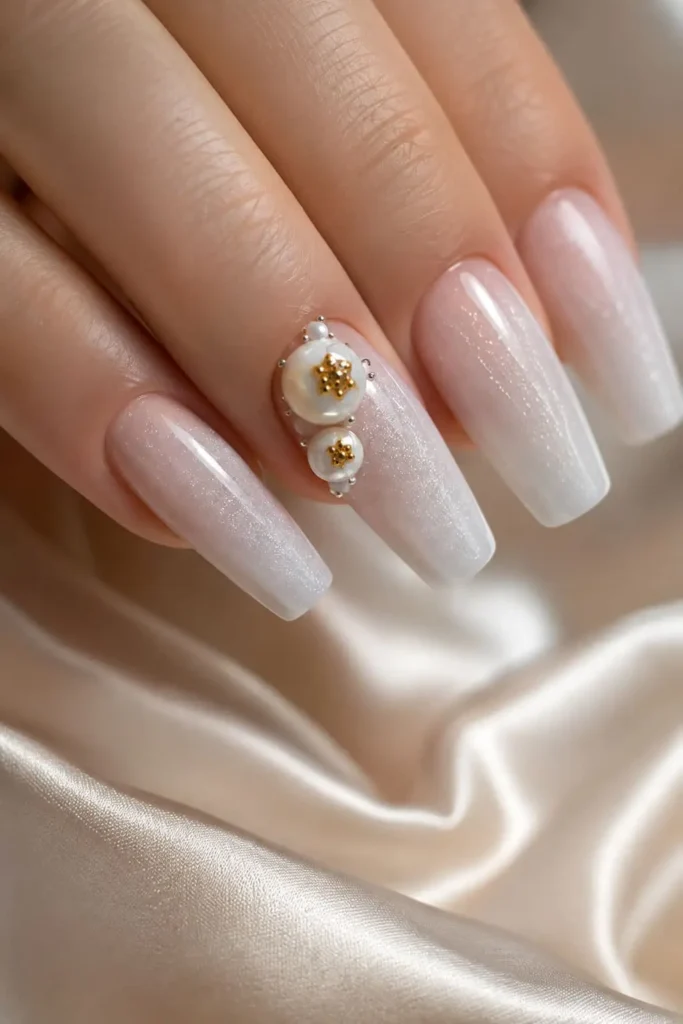 white pearl cat eye nails with milky magnetic shimmer