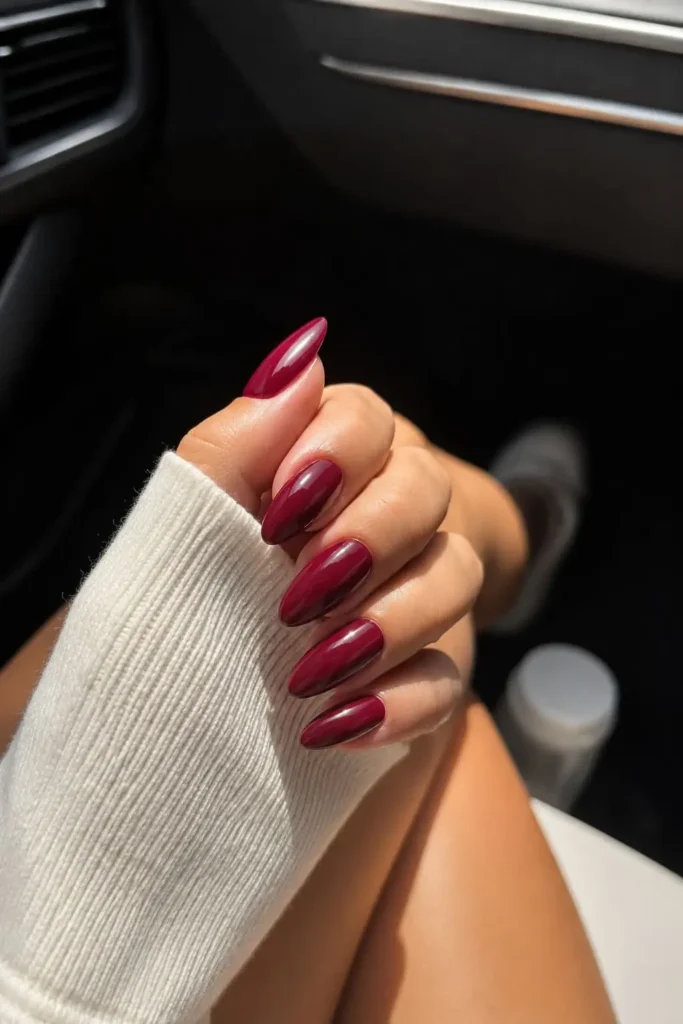 Deep wine burgundy nails with rich merlot-inspired polish