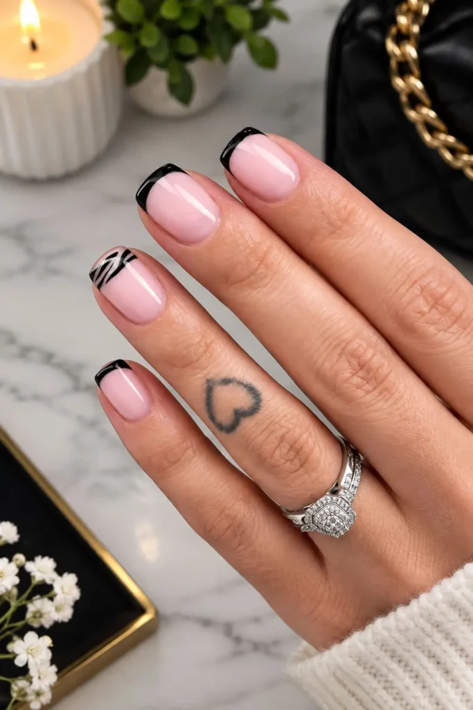 Short square nails with classic black French tips and a zebra print accent